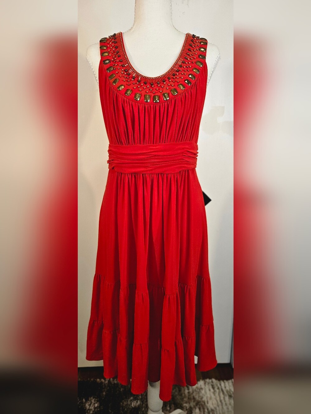 Jones New York Red Maxi Dress with Jeweled Scoop Neck